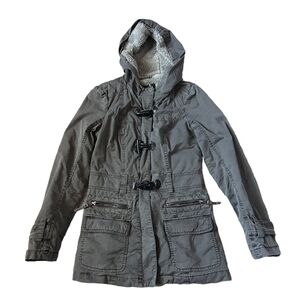 BNCI Toggle Grunge Utility Jacket Faux Fur with Hoodie Size XS Gray